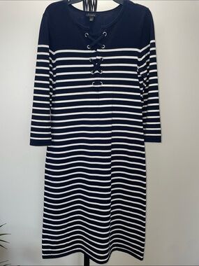 Talbots Navy and White Lace-Up Striped Long Sleeve Dress